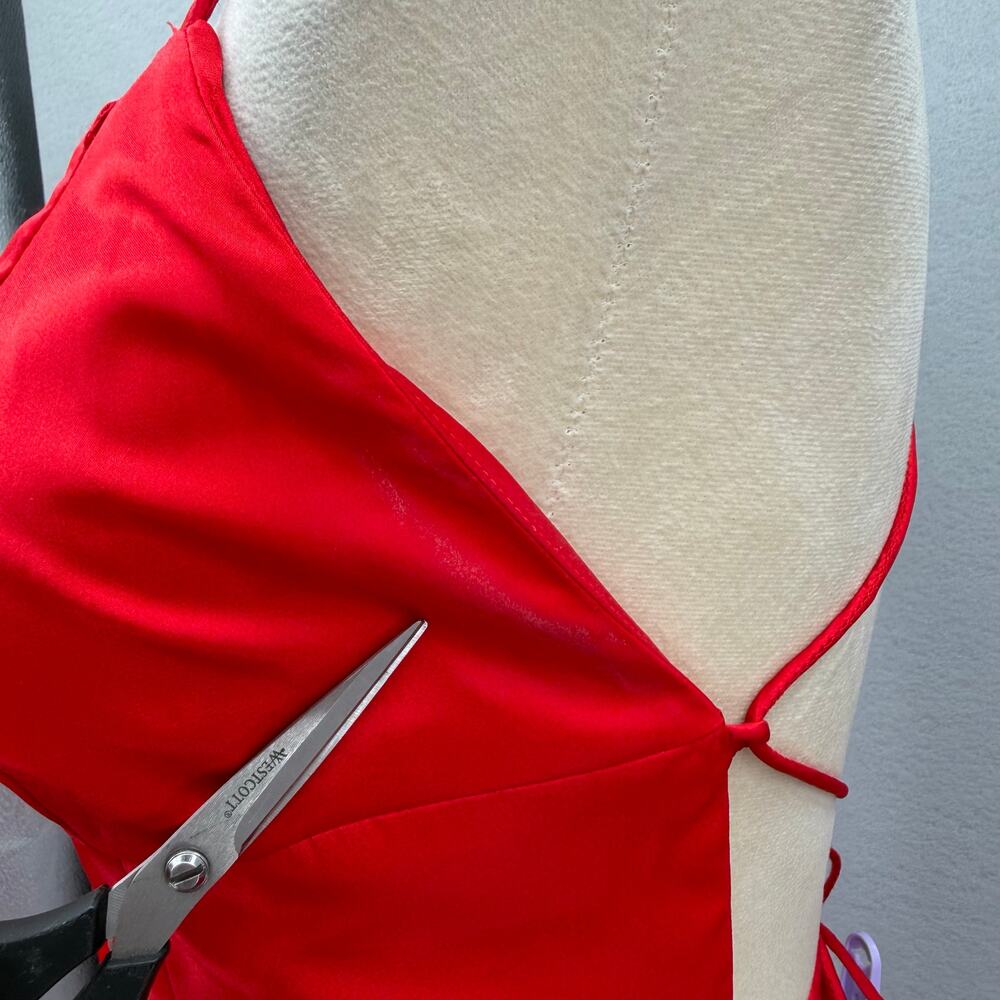 Sherri Hill Red Satin Strappy Lace Up Back Valentines A-Line Formal Prom Dress - Picture 9 of 13